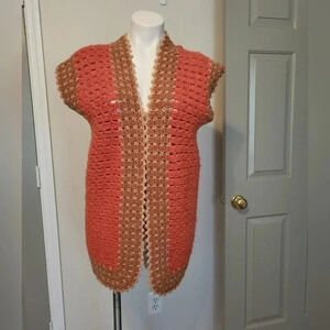 Vintage Open Cardigan Sweater Vest  Handmade Crochet Knit Yarn( M/L)